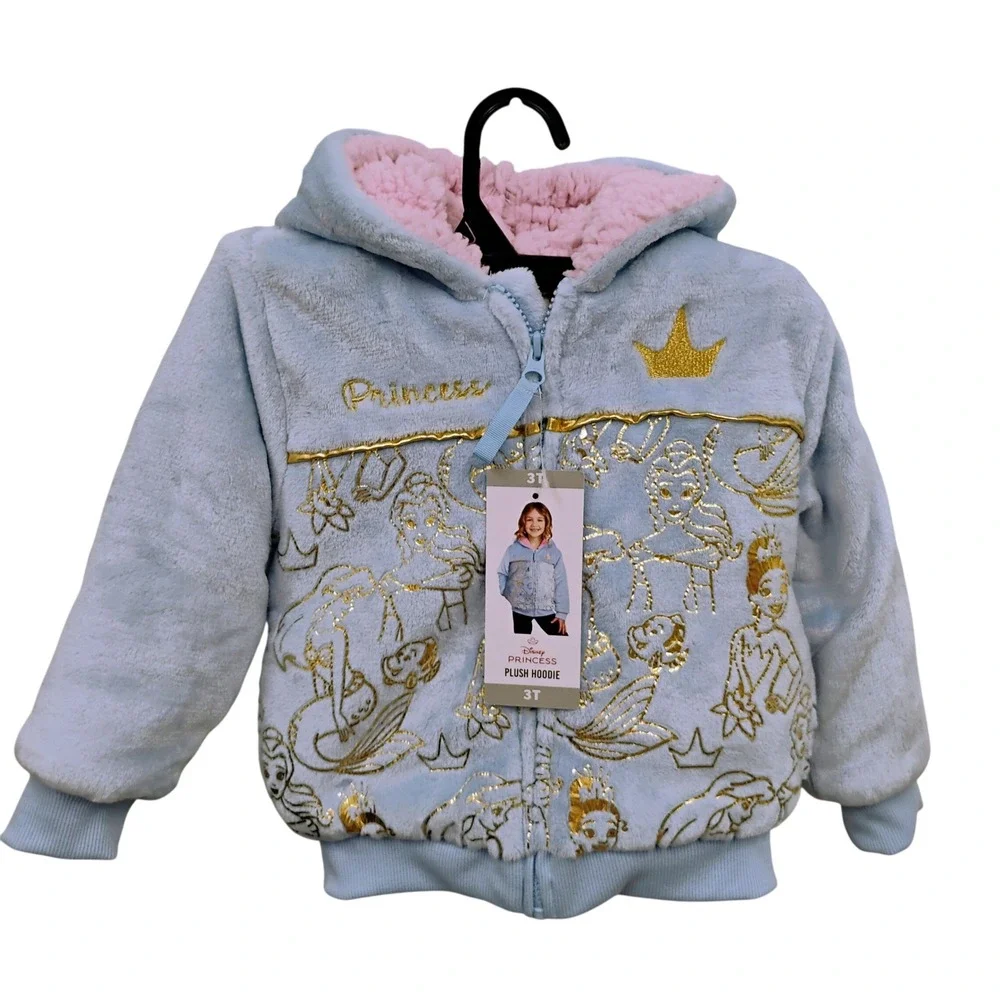Disney Princess Jacket Coat Girls Toddler Hoodie Light Blue Gold Pink Sherpa  3T